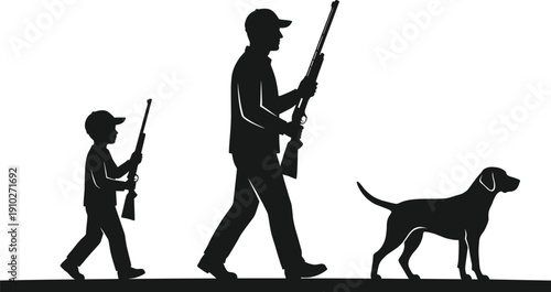 WebBlack Silhouette of Father and Son Hunting with Dog Carrying Rifles Walking Outdoors Minimalist Vector Illustration Isolated on White Background for Outdoor Adventure Design