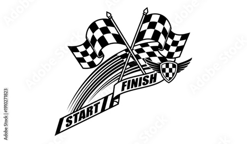 
Dynamic black and white racing flags with checkered finish line elements and speed motion design isolated on white
