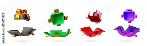 3D Several opened gift box with bow design. Empty parcel box for Holiday sale banner for Black Friday. Shopping concept for celebration. Vector illustration