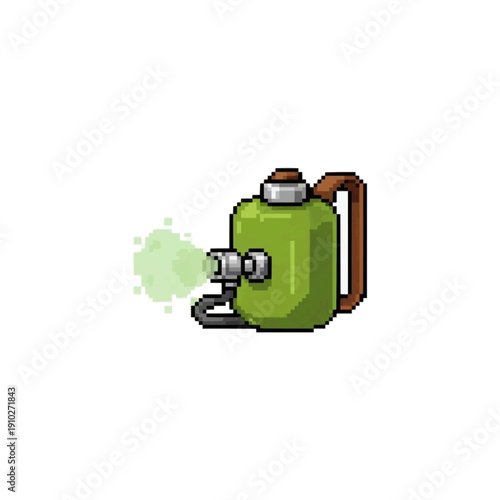 pixel art green backpack sprayer device emitting a fine mist or chemical vapor cloud.