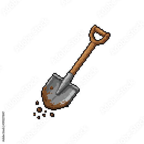 pixel art metal shovel with wooden handle and dirt clumps isolated on white background.