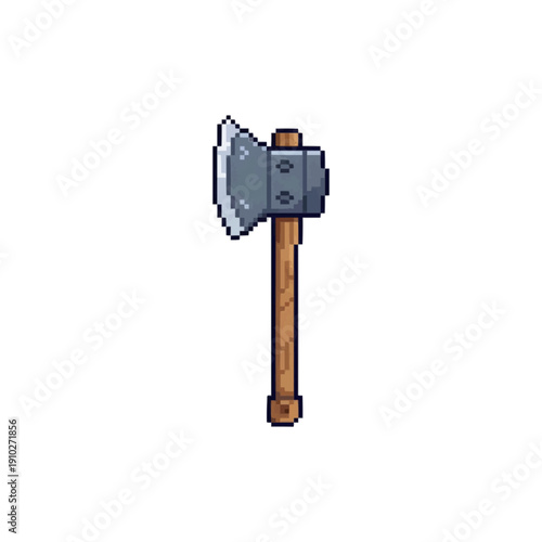 pixel art heavy iron axe with a sturdy wooden handle for woodcutting and forestry. 
