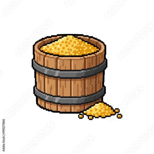pixel art wooden barrel overflowing with golden grain seeds or animal feed on white background.