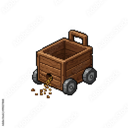 pixel art wooden handcart on wheels spilling golden grains through a small opening.