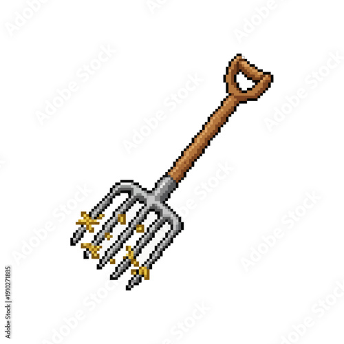 pixel art garden pitchfork with sharp metal tines and a wooden handle for farming.