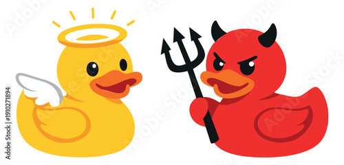 Cartoon rubber duck character set featuring an angel and a devil for choices and morality concepts