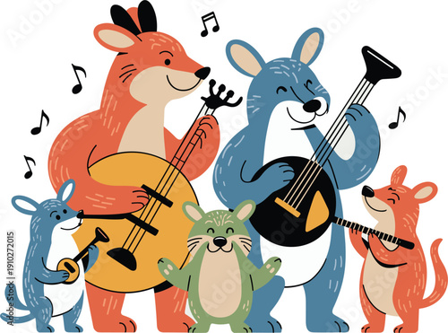Cute cartoon animal band group playing string instruments including fox and bear with musical 