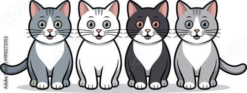 Set of four cute cartoon kittens sitting in a row with different fur colors including grey white and