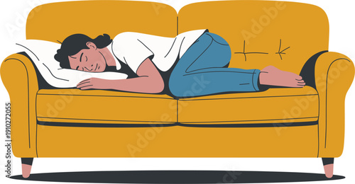Young person sleeping peacefully on a yellow comfortable sofa with a pillow wearing casual white 