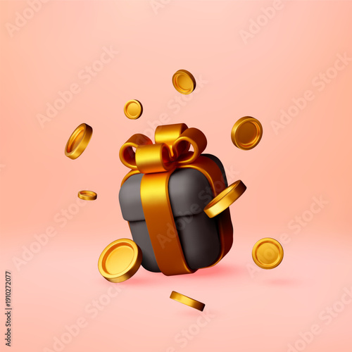Box gift 3d rendering illustration. Present box with golden money coin. Financial bonus. Award, prize concept. Reward loyalty program. Vector illustration