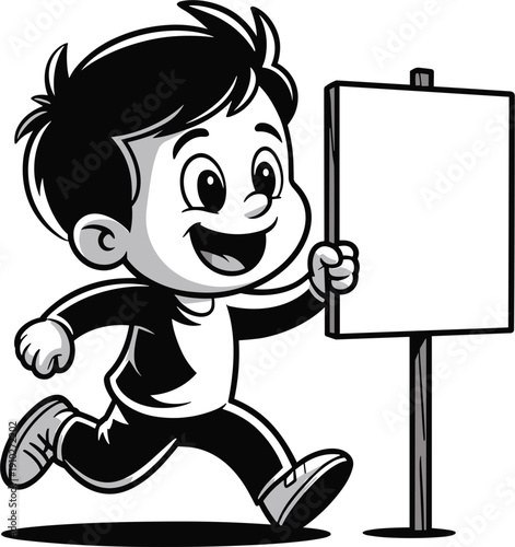 Cute cartoon boy running while holding a blank white sign or placard for custom text in black and 