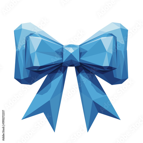 Geometric blue bow brooch with polygonal facets isolated on white background, showcasing modern artistic design and elegant style
