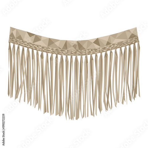 Elegant beige tassel trim with geometric design, isolated on a white background, showcasing intricate craftsmanship and decorative appeal