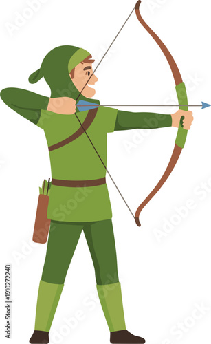 Cartoon male archer character wearing green forest ranger outfit and hood aiming wooden bow and 