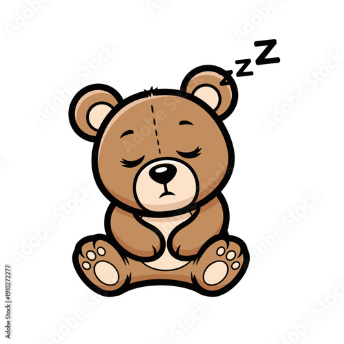 Sleepy teddy bear illustration with closed eyes and cartoon style on isolated white background, featuring peaceful expression and zzz symbols