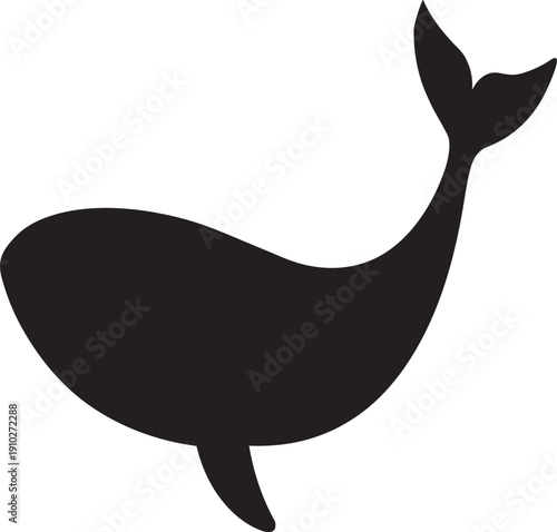 Silhouette of a whale with fluke raised in motion, isolated on white background. Simple, clean, iconic vector illustration.