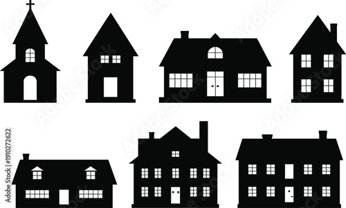 Residential house silhouettes collection, various real estate building icons set, suburban home property architecture vector