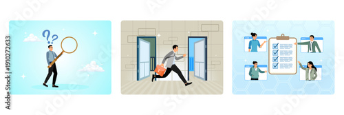 Men seek answers and facts, new job opportunities, business teams collaborate to complete tasks.