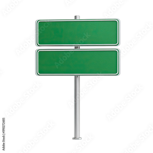 Two blank green road signs mounted on a metal pole against a black background