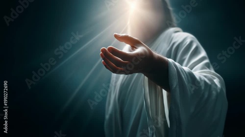 Jesus reaches out with open hand in a moment of connection and hope during a solemn gathering at dawn