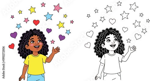 Happy African American girl looking up at stars and hearts vector illustration with black and white outline for coloring book page, cute child character dreaming concept.