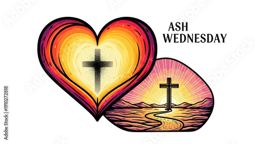 High-quality black outline colorful art of an open heart with subtle ash cross, desert path leading to a cross, and sunrise symbolizing hope after repentance, Ash Wednesday Christian Lent illustration