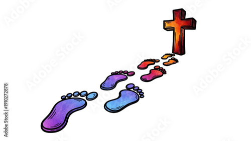 High-quality black outline colorful art of footsteps leading toward a cross, symbolizing the Lenten journey and spiritual reflection, Ash Wednesday Christian illustration