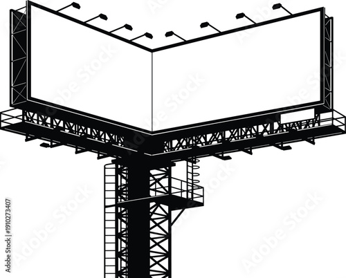 Black and white illustration of elevated V-shaped outdoor billboard with dual panels, support framework, ladder, lights, and advertising platform