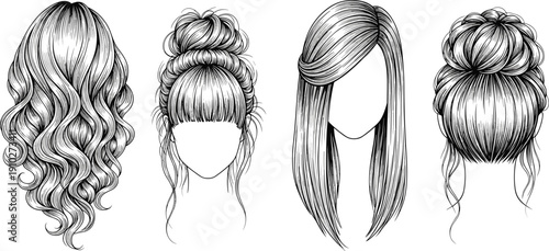Black and white illustration of four women’s hairstyles including wavy hair, high bun, sleek straight hair, and styled back bun