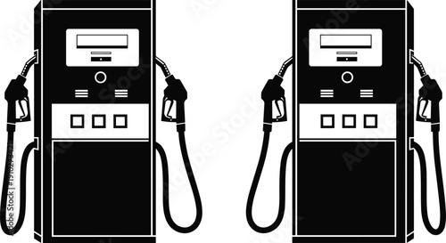 Black and white illustration of modern gas pumps with dual fuel nozzles, hoses, digital display, and symmetrical design for fuel stations