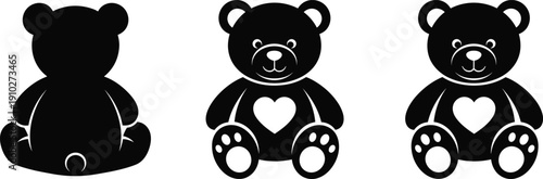 Black and white teddy bear illustrations with heart designs and paw prints, front and back views showing cute toy variations