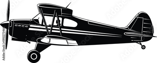 Black and white silhouette of small propeller airplane, aviation illustration highlighting light aircraft design, training, utility, and flight concept