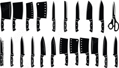 Black silhouette illustration of assorted kitchen knives and scissors including cleavers, chef’s knives, paring knives, and utility blades