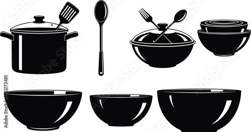 Black silhouette illustration of assorted kitchen utensils and cookware including pot, spatula, serving bowl, stack of bowls, and spoon