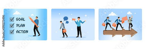 Checklist towards success, gossips in the office, business teams toward sustainable business growth.