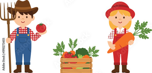 Cheerful cartoon farmers with fresh vegetables in wooden crate, agriculture illustration promoting healthy organic food, farming lifestyle concept