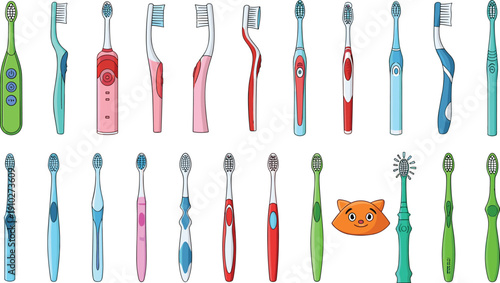 Colorful toothbrush collection with manual and electric designs, cartoon cat face dental hygiene illustration for oral health education