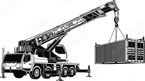 Detailed black and white illustration of mobile crane mounted on truck lifting shipping container with hook, cable, and stabilizing outriggers