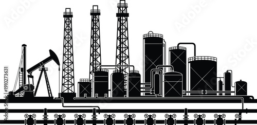 Detailed black and white illustration of oil refinery with pumpjack, storage tanks, distillation columns, pipelines, and underground petroleum infrastructure
