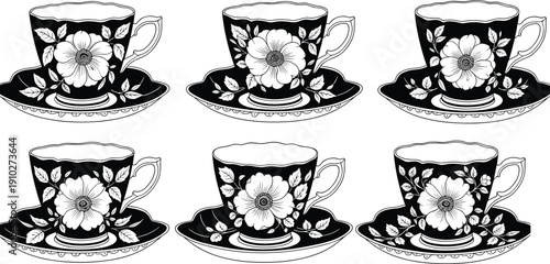Elegant black teacups with white floral design, symmetrical saucer illustration representing classic decorative pattern, vintage style, and tea concept