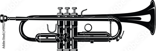 Detailed black and white illustration of trumpet side view showing mouthpiece, valves, tuning slide, and flared bell musical instrument design