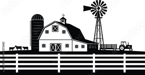 Farm silhouette illustration with barn, silo, windmill, tractor, cows, and fence representing traditional rural agriculture and countryside lifestyle