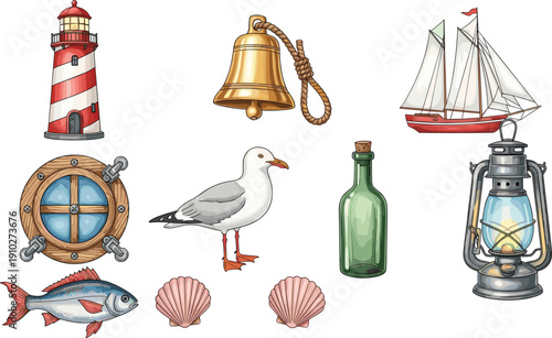 Nautical themed illustration with lighthouse, sailboat, seagull, lantern, seashells, fish, porthole, bottle, and ship bell decor elements