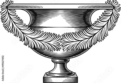 Elegant vintage trophy cup with detailed feather ornament engraving and classic pedestal base