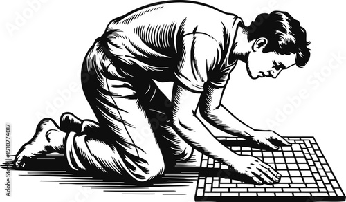 Man kneeling laying tile on floor with meticulous focus and precise hand placement in black and white line art