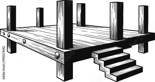 Wooden platform with stairs hand drawn outdoor deck, timber structure with vertical posts and steps