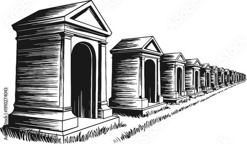 Row of ancient mausoleums in a cemetery, classical architecture tombs aligned in perspective