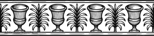 Decorative classical border with ornamental vases and stylized palm leaves in black and white