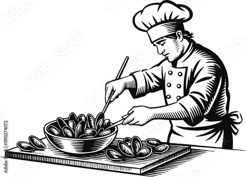 Chef preparing mussels in a bowl cooking seafood dish with professional kitchen
