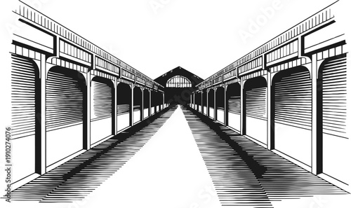 empty marketplace corridor with closed shutters in monochrome black and white perspective